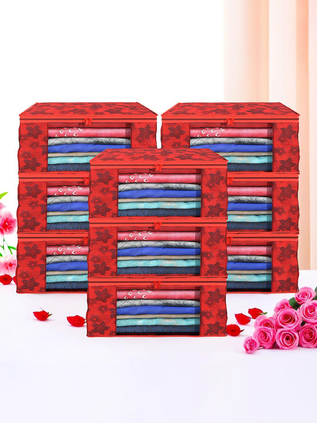 

Kuber Industries Red & Grey 9 Pieces Printed Foldable Multi Utility Organisers