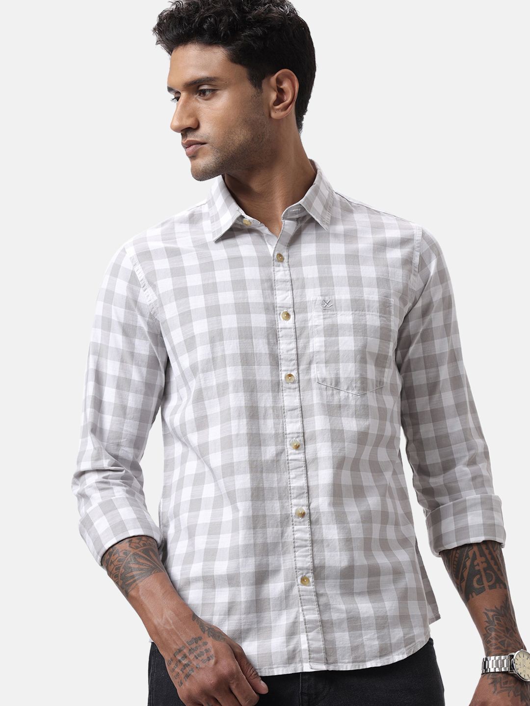 

WROGN Men Custom Spread Collar Checked Cotton Casual Shirt, Grey