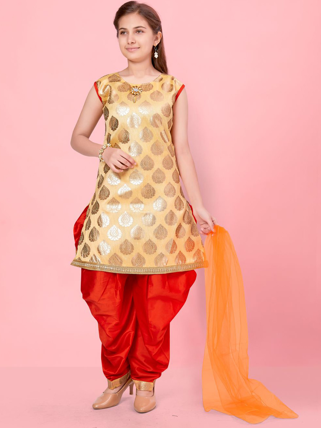 

BAESD Girls Ethnic Motifs Regular Pure Silk Kurti with Dhoti Pants & With Dupatta, Gold