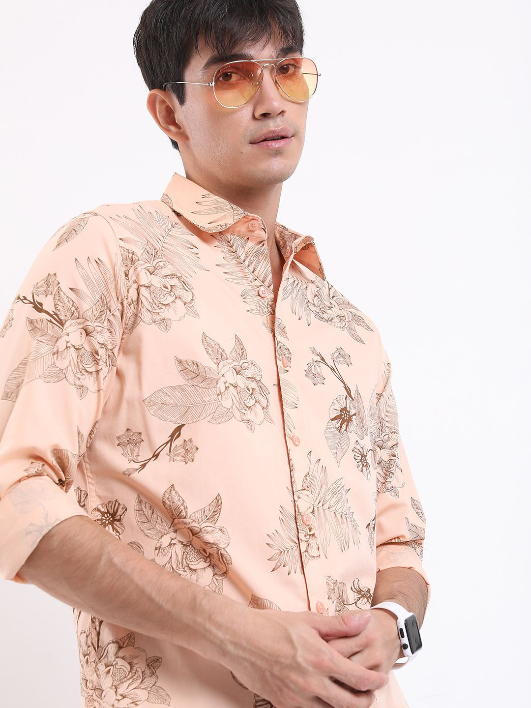

HIGHLANDER Men Spread Collar Floral Printed Tropical Cotton Slim Fit Casual Shirt, Peach