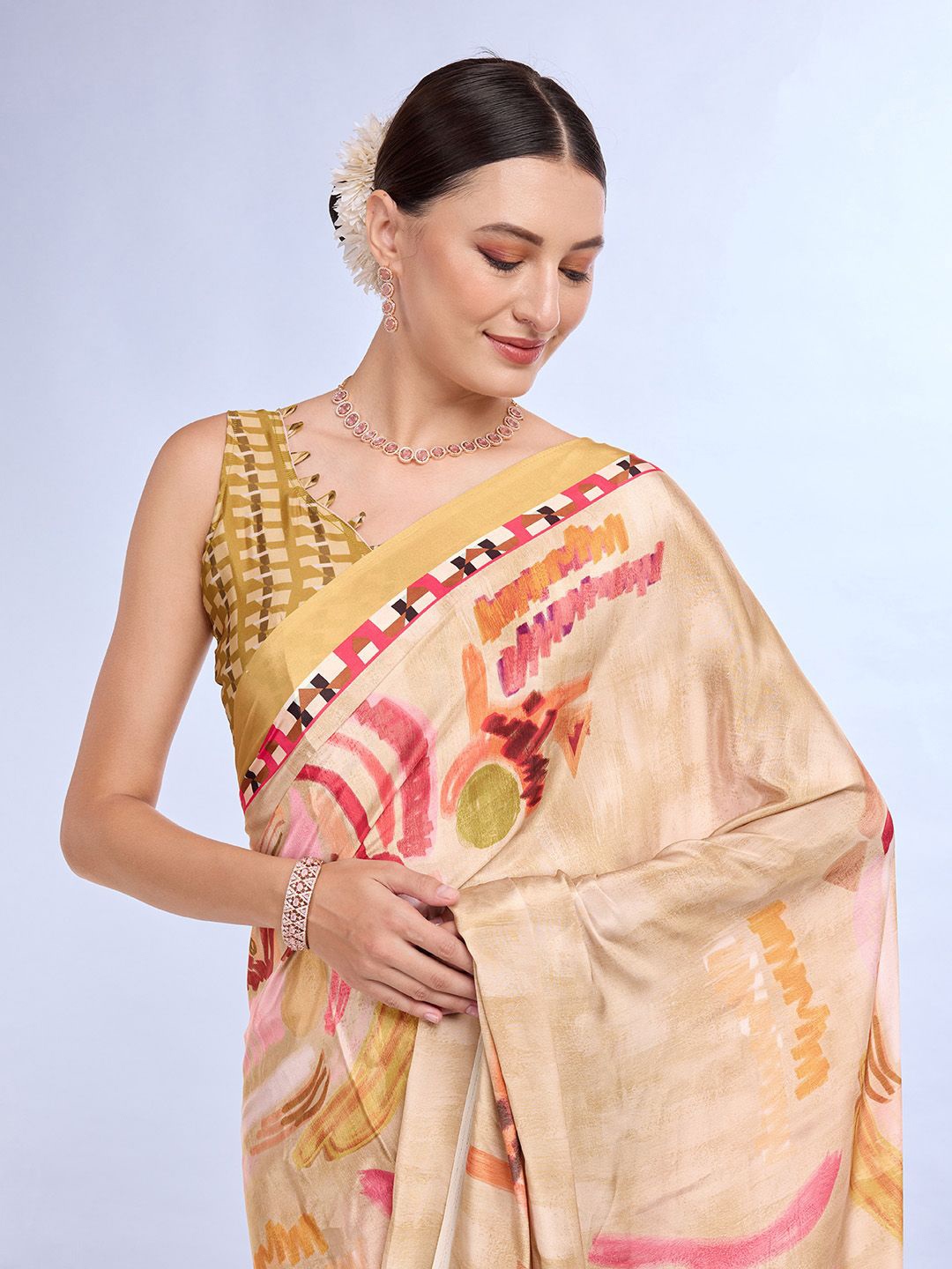 

Mitera Satin Abstract Printed Saree, Beige