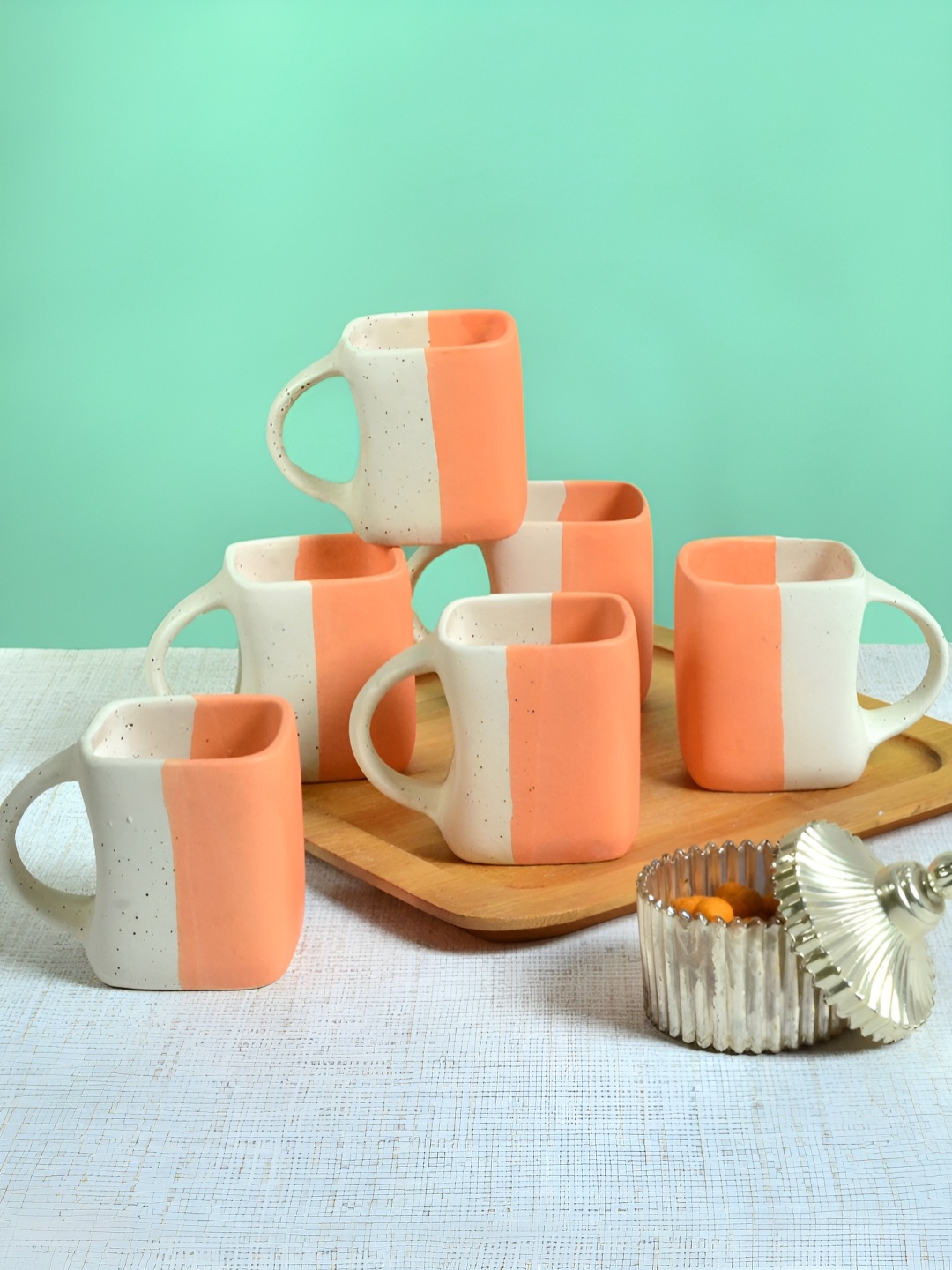 

FABINALIV Set of 6 Orange & White Striped Ceramics Matte Cups