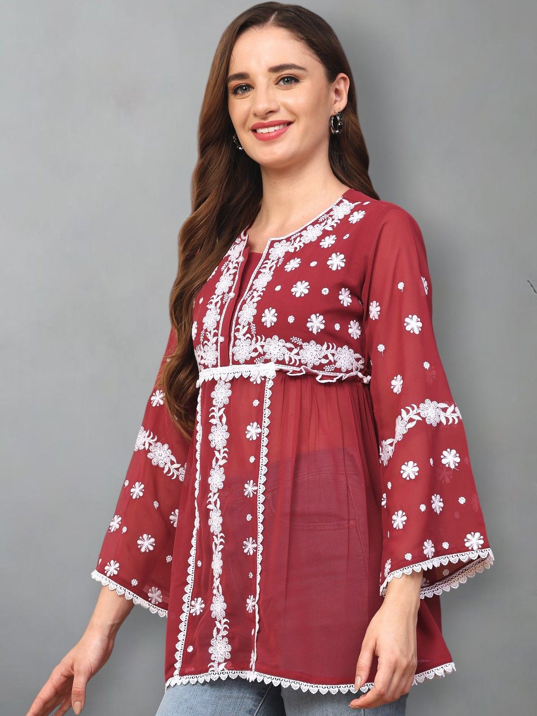 

Growish Women Floral Printed Embroidered Tie-Up Neck Top, Maroon