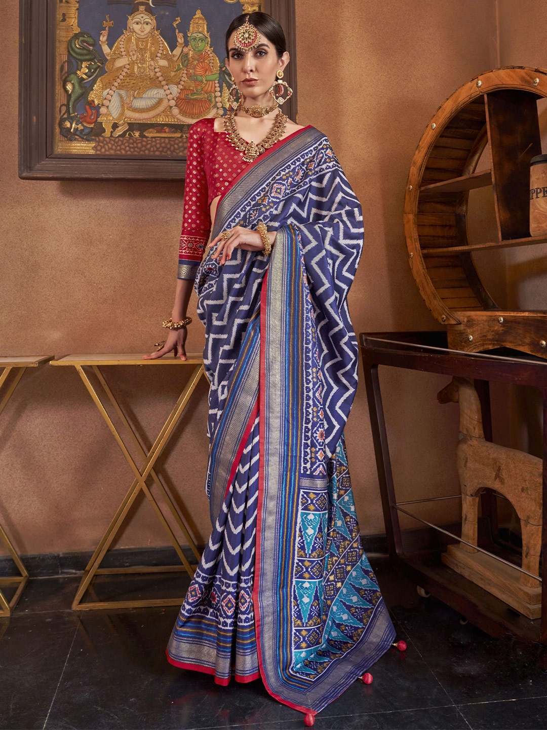 

Mitera Printed Zari Geometric Silk Blend Patola Saree, Navy blue