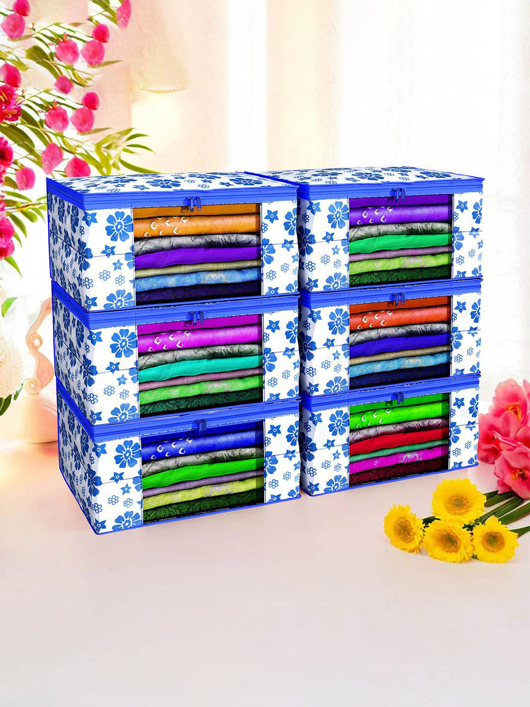

Kuber Industries Blue & White 6 Pieces Floral Printed Foldable Drawer Organisers