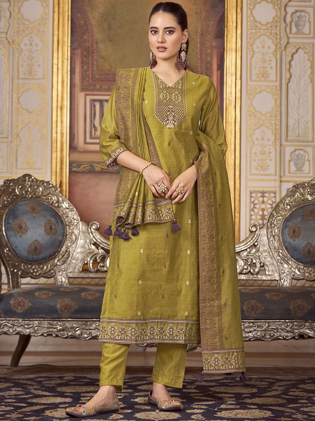 

Shaily Ethnic Motifs Woven Design V-Neck Straight Kurta With Trousers & Dupatta, Mustard