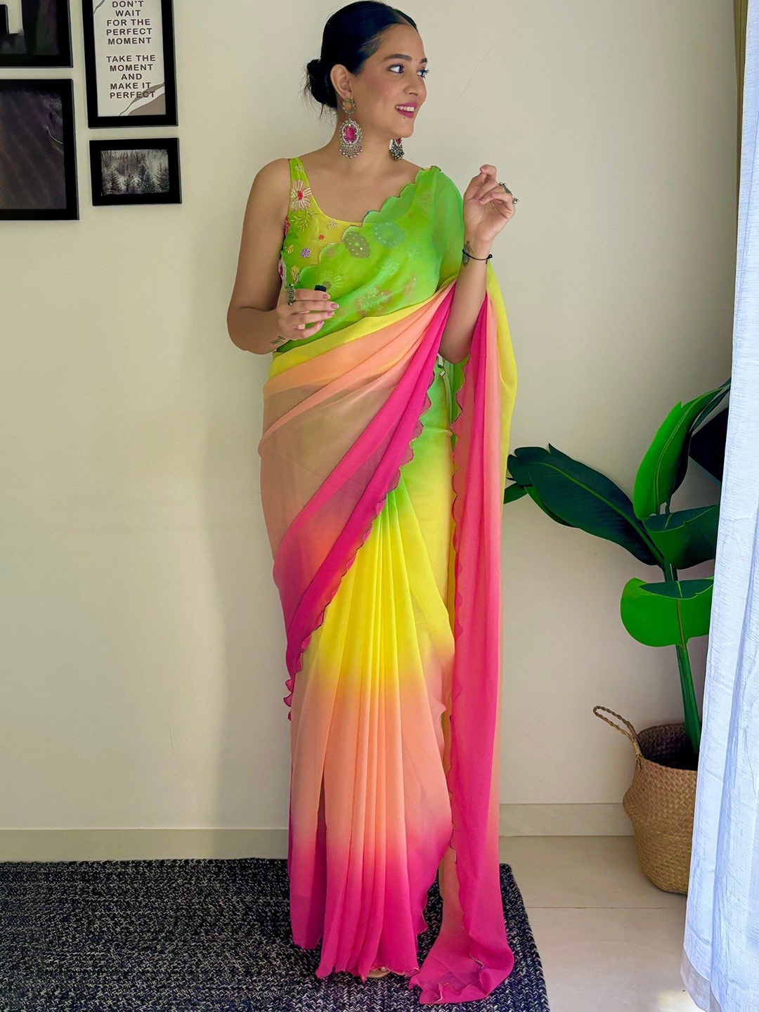 

MySilkLove Ombre Embroidered Pure Georgette Saree, Green