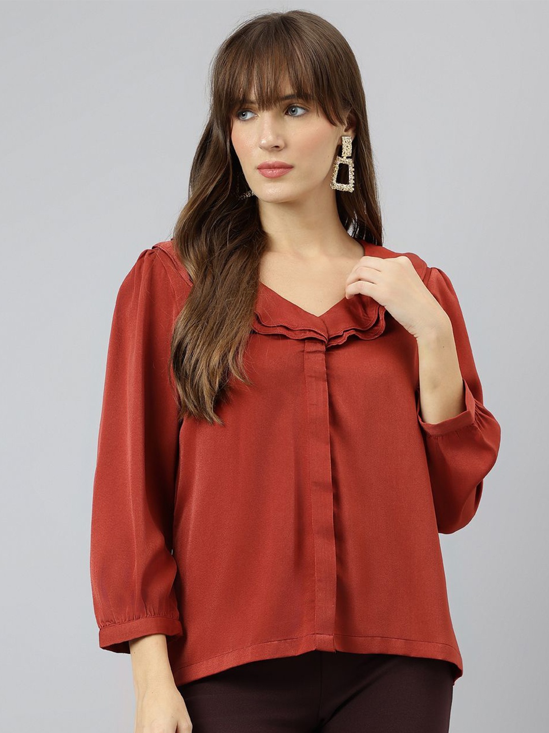 

Latin Quarters Women Solid V-Neck Top, Rust
