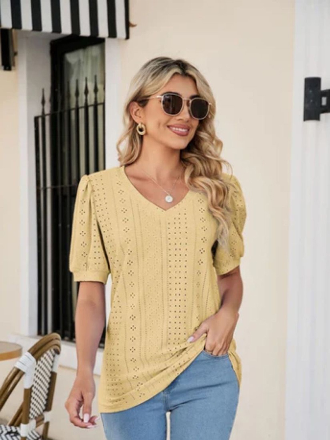 

StyleCast Women Solid V-Neck Top, Yellow