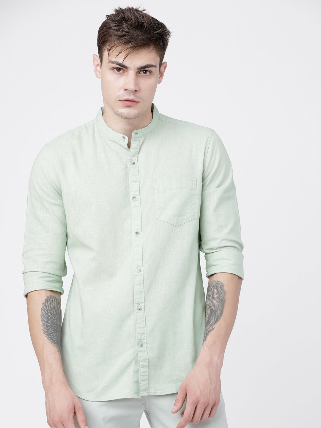 

HIGHLANDER Men Mandarin Collar Solid Cotton Linen Slim Fit Casual Shirt, Green