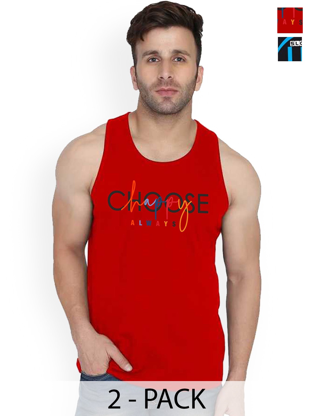 

SLOWLORIS Pack Of 2 Printed Gym Innerwear VestsSL26 COMBO (LOUD BLACK) (CHS RED)
