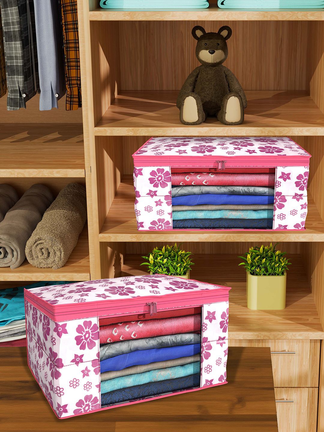 

Kuber Industries Pink & Blue 12 Pieces Floral Printed Foldable Drawer Organisers