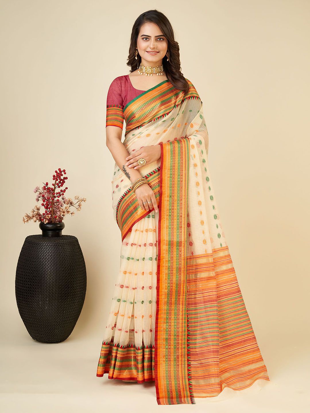 

Mitera Woven Design Zari Silk Cotton Kota Saree, Cream