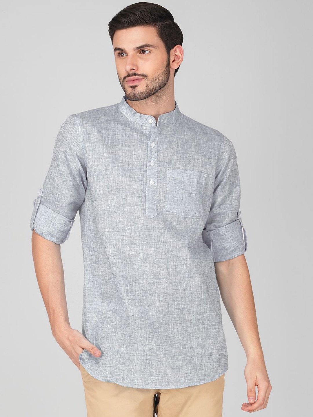 

Vastraa Fusion Men Thread Work Khadi Handloom Pathani Kurta, Grey