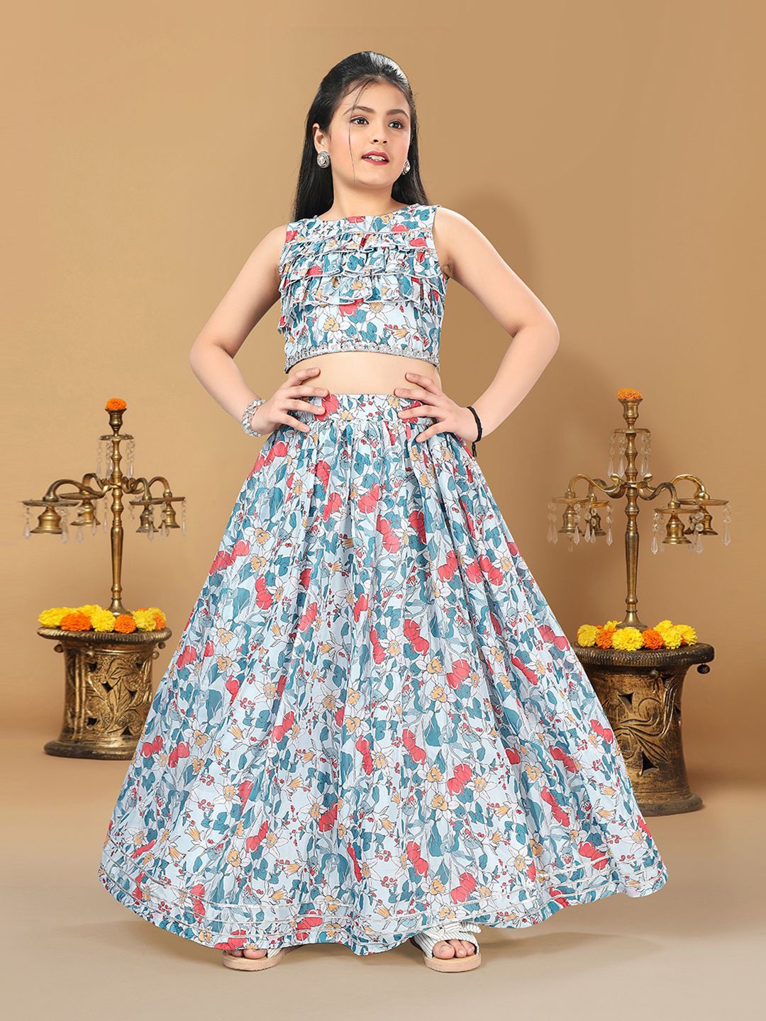 

BAESD Girls Floral Printed Ready to Wear Lehenga & Blouse, Blue