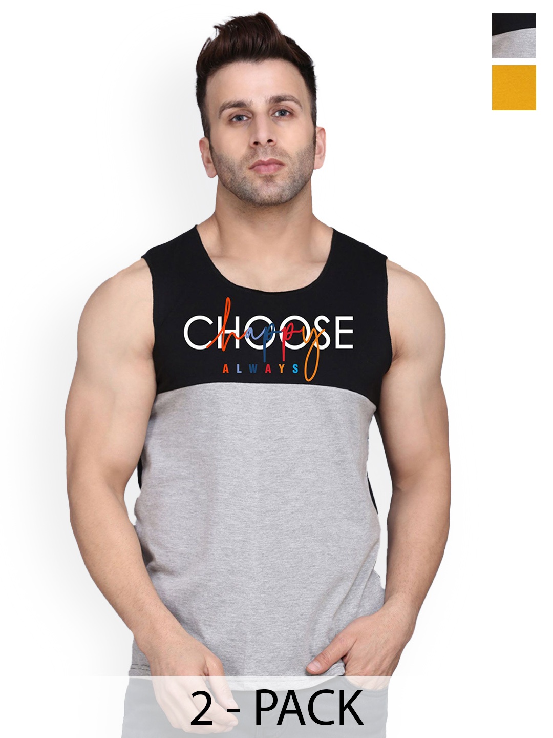

SLOWLORIS Men Pack Of 2 Printed Gym Vests, Mustard