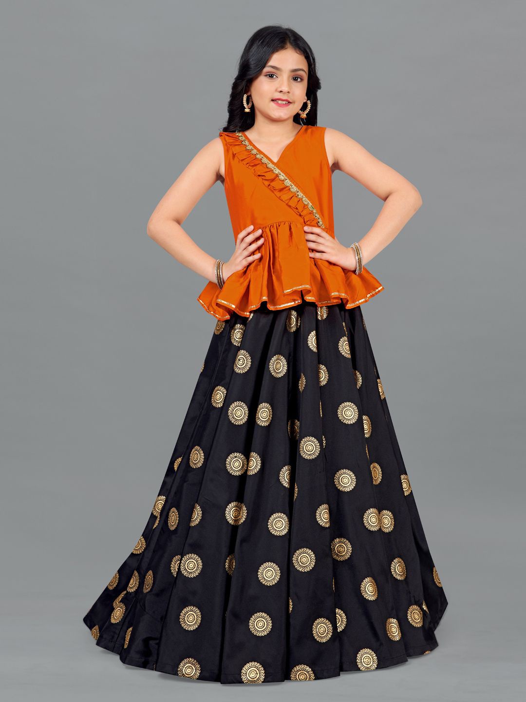 

BAESD Girls Embellished V-Neck Sleeveless Ready to Wear Lehenga & Blouse, Orange