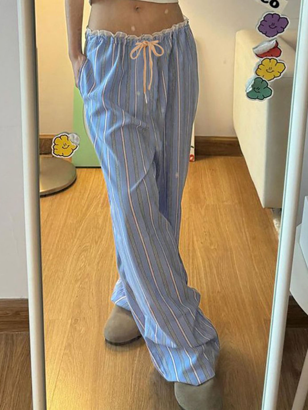 

StyleCast x Revolte Women Striped Baggy Fit Easy Wash Trousers, Blue