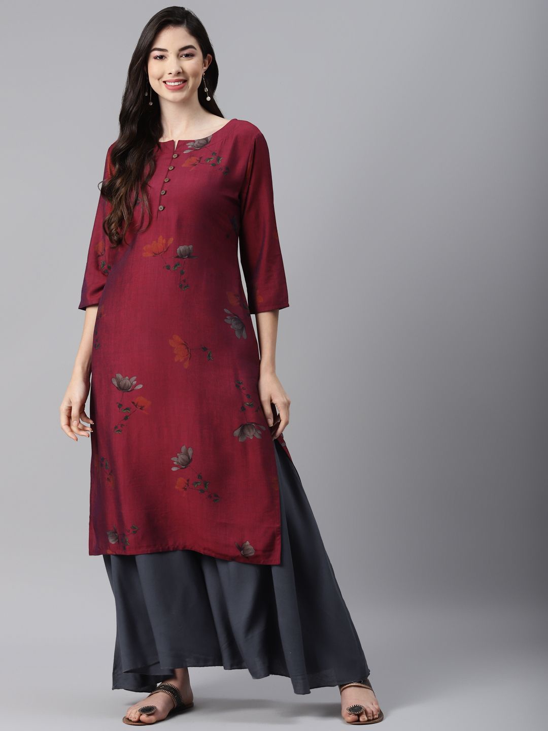 

BAESD Women Embroidered Keyhole Neck Flared Sleeves Mirror Work Kurta, Burgundy