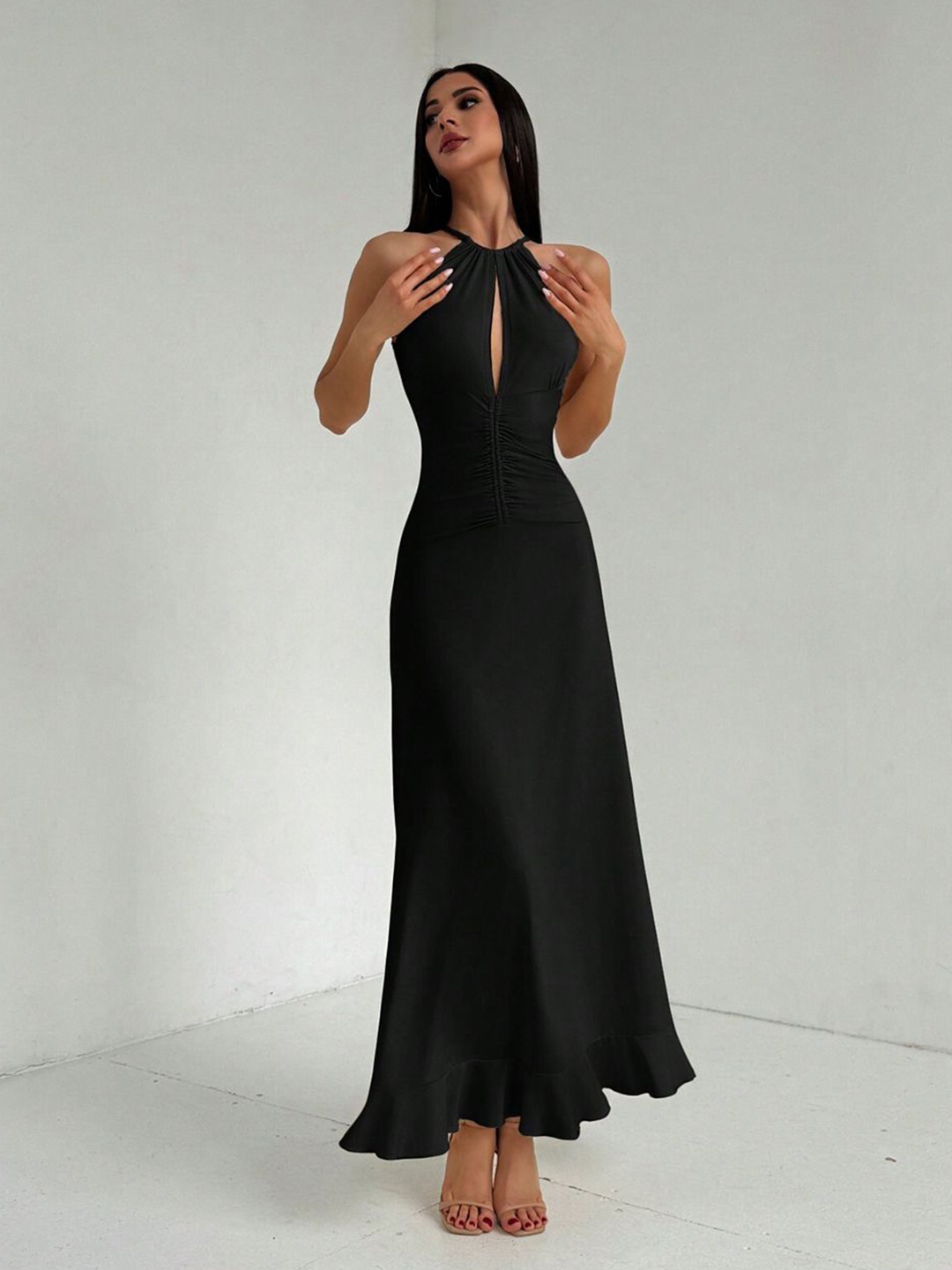 

JC Mode Round Neck Ruched Maxi Dress, Black