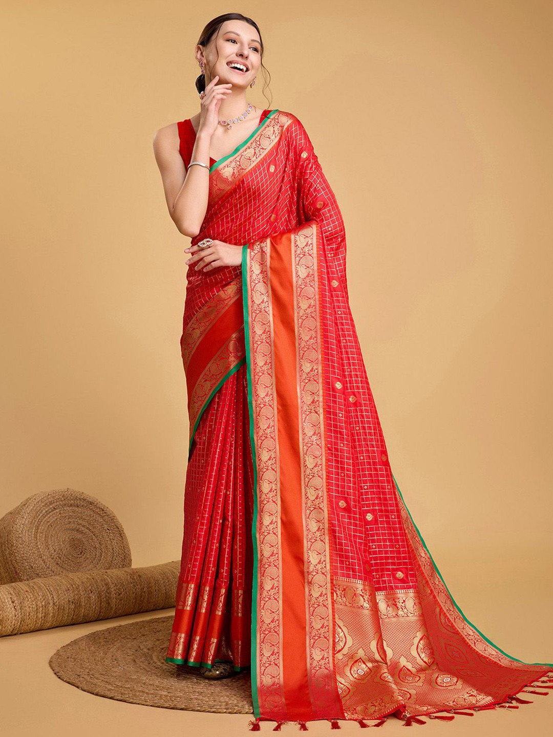 

Mitera Woven Design Zari Pure Silk Paithani Saree, Red