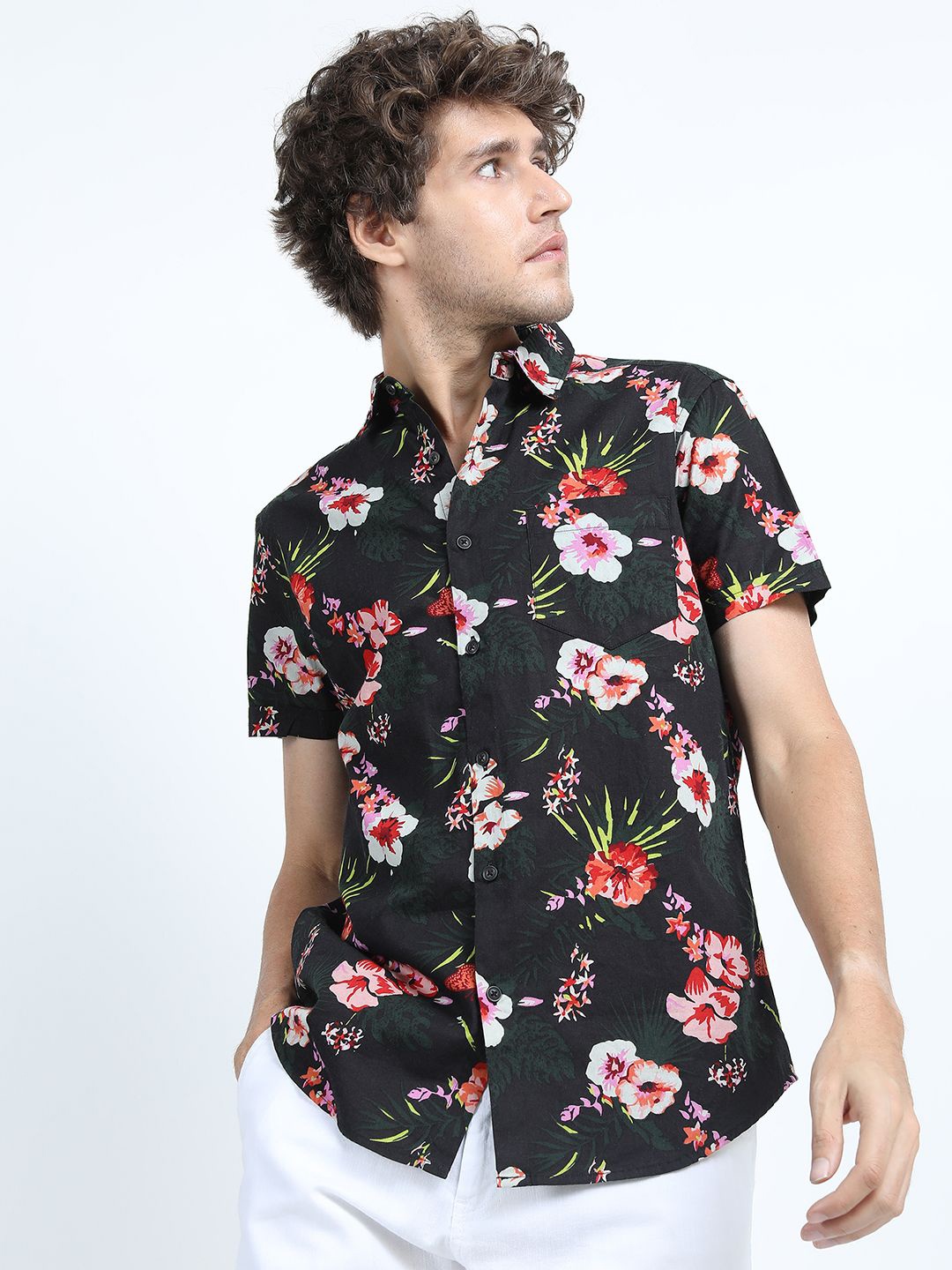 

HIGHLANDER Men Spread Collar Floral Printed Cotton Slim Fit Casual Shirt, Black