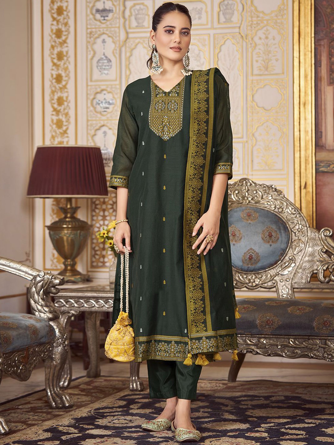 

Shaily Floral Woven Design V-Neck Straight Kurta With Trousers & Dupatta, Green