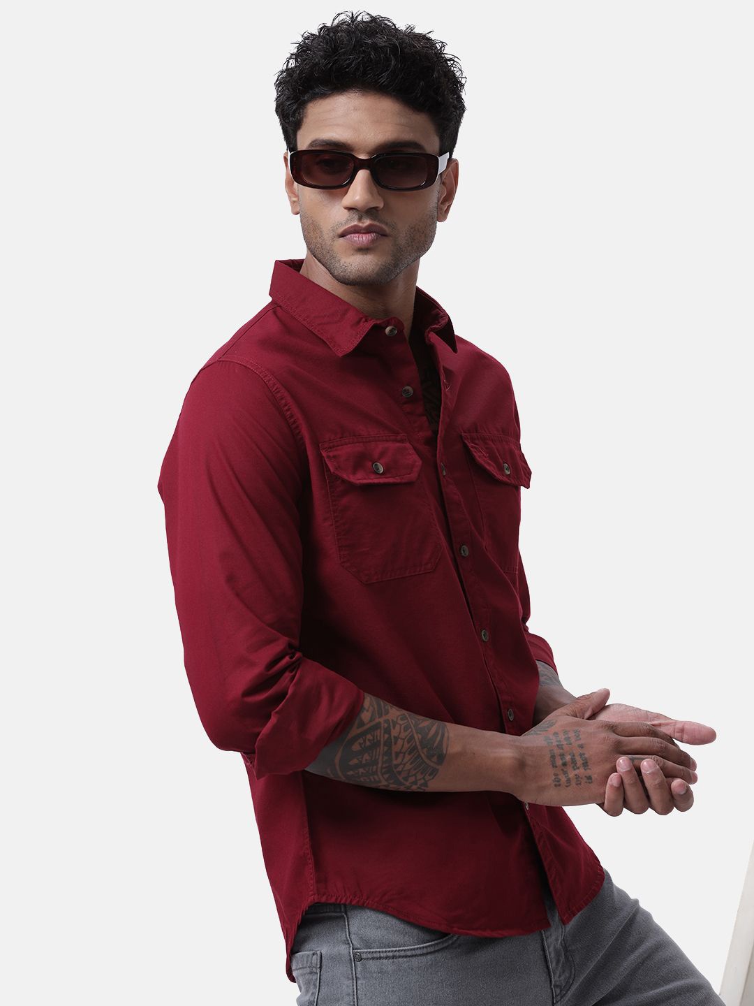 

WROGN Men Custom Spread Collar Solid Cotton Casual Shirt, Maroon