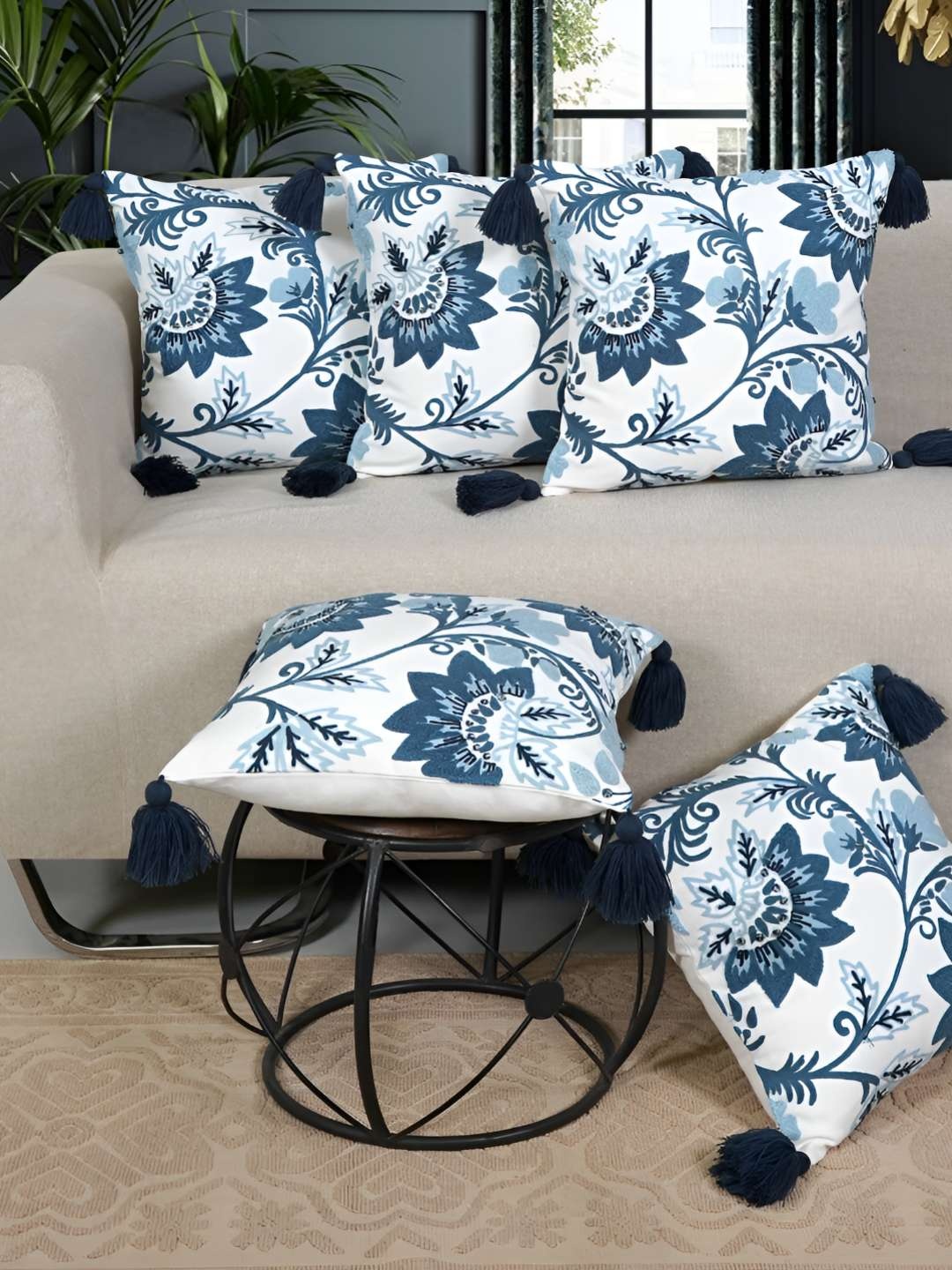 

Ode & Cleo Blue & White 5 Pieces Floral Embroidered Square Cotton Cushion Covers