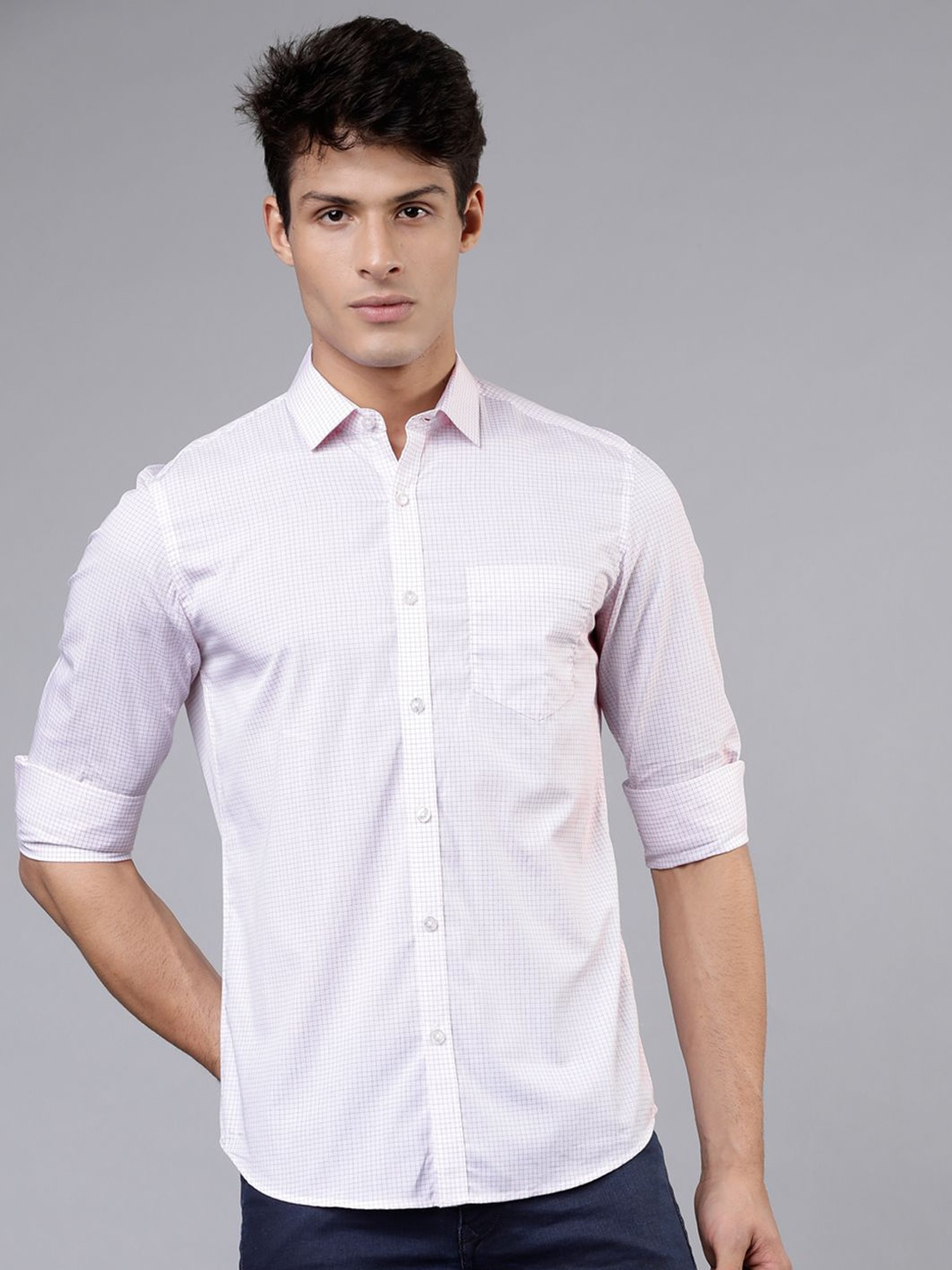 

HIGHLANDER Men Spread Collar Micro Checked Cotton Slim Fit Casual Shirt, White