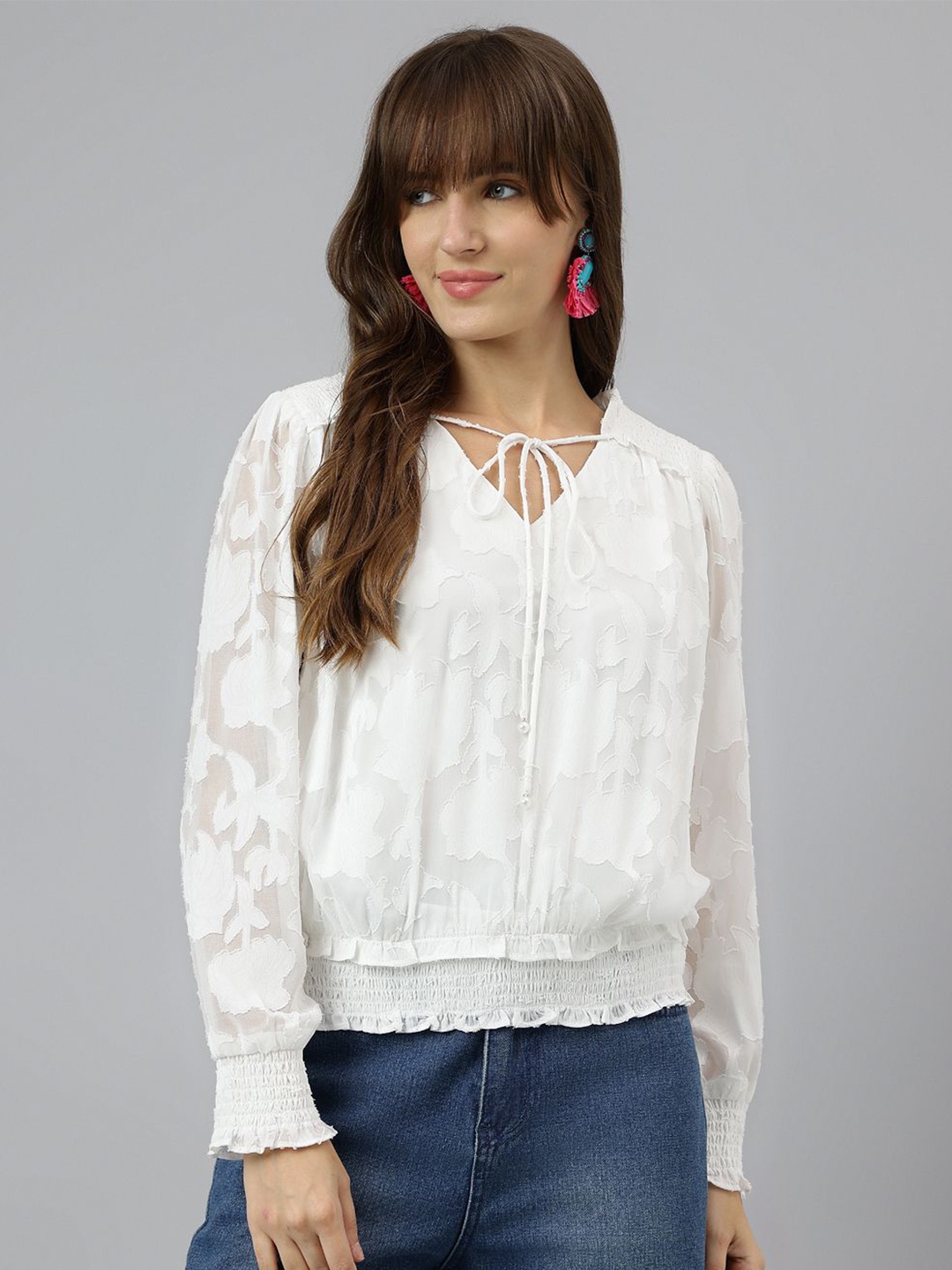 

Latin Quarters Women Self Design Abstract Tie-Up Neck Top, White