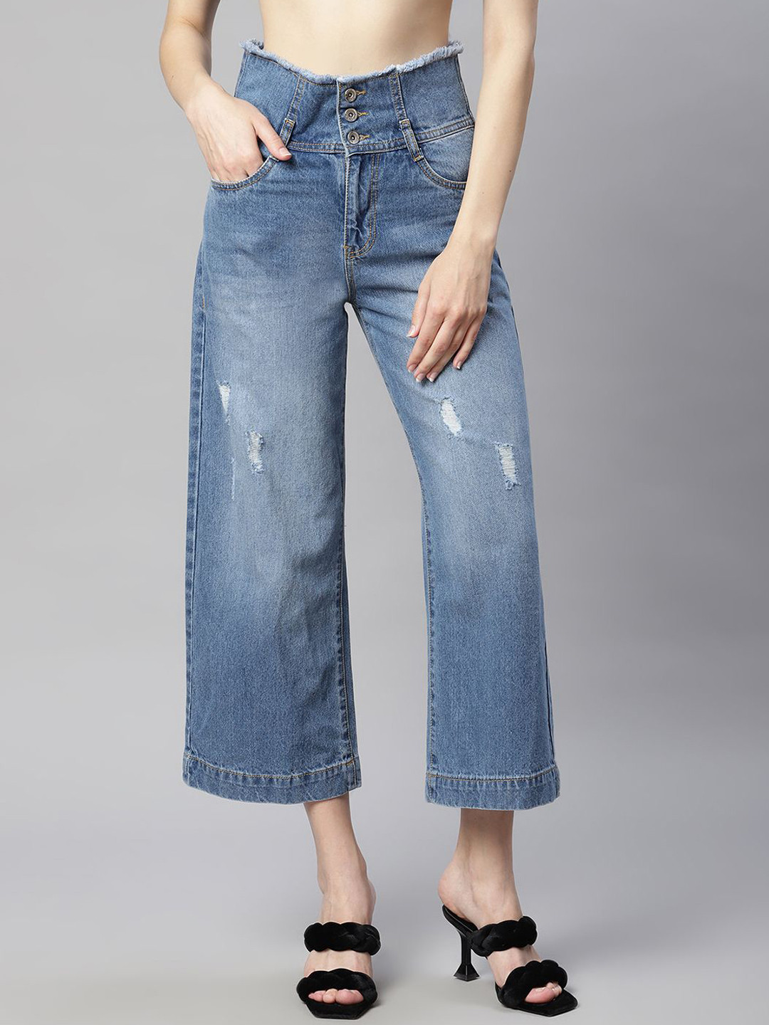 

Global Republic Women Comfort Relaxed Fit High-Rise Mildly Distressed Stretchable Jeans, Blue