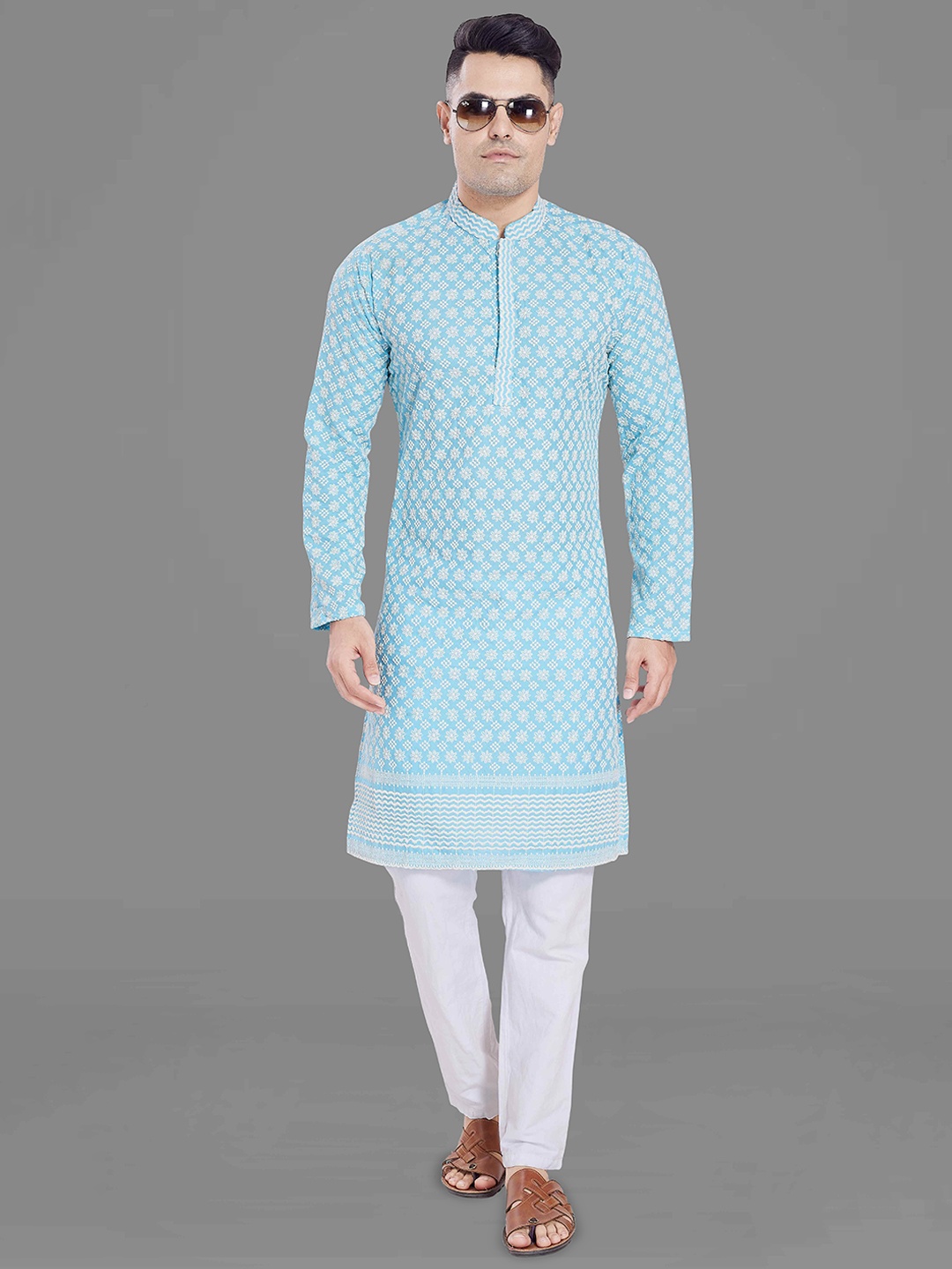 

DIVISIVE Men Geometric Thread Work Kurta, Turquoise blue