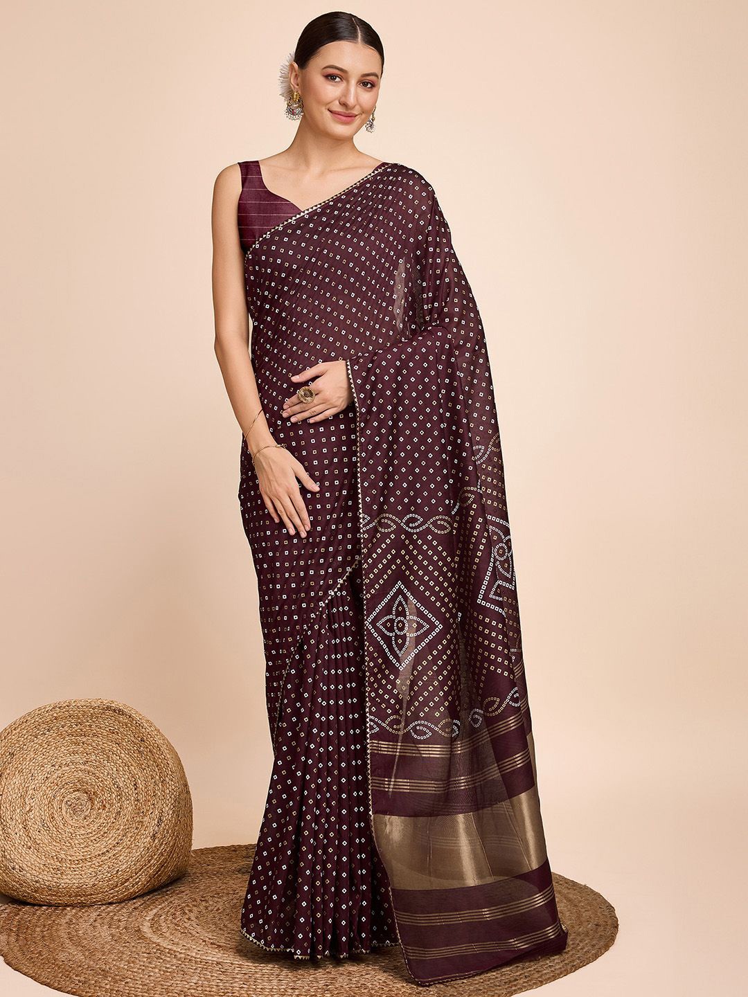 

Mitera Bandhani Printed Zari Bandhani Saree, Maroon