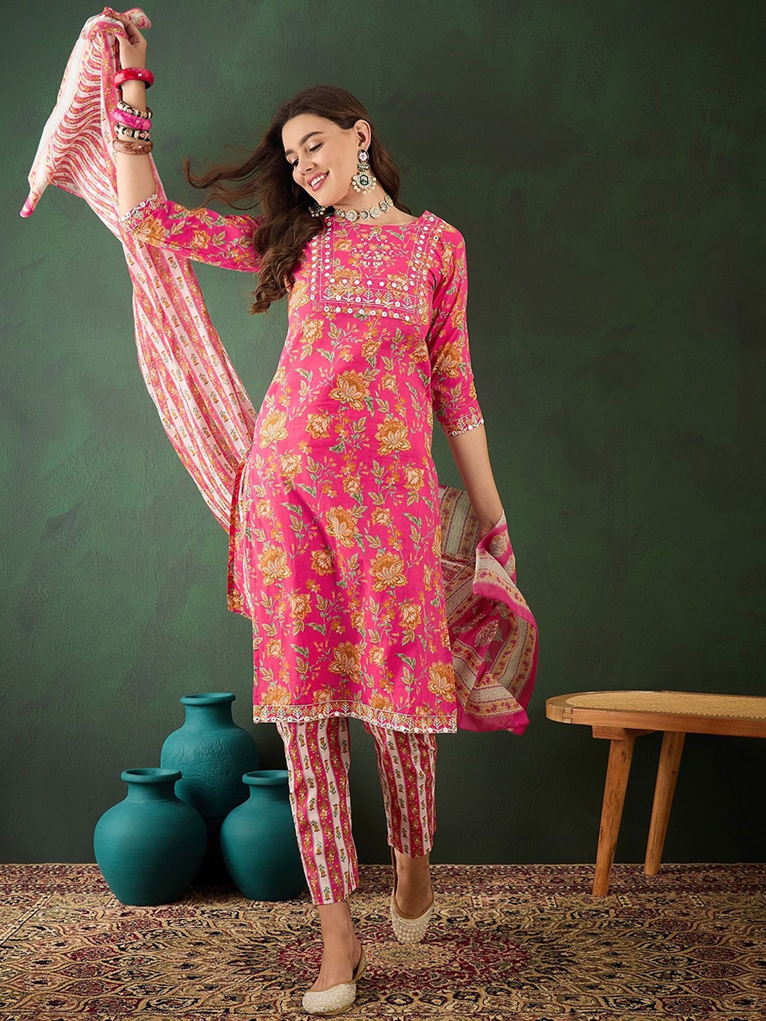 

Vastramyaa Women Floral Printed Regular Thread Work Pure Cotton Kurta with Trousers & With Dupatta, Pink