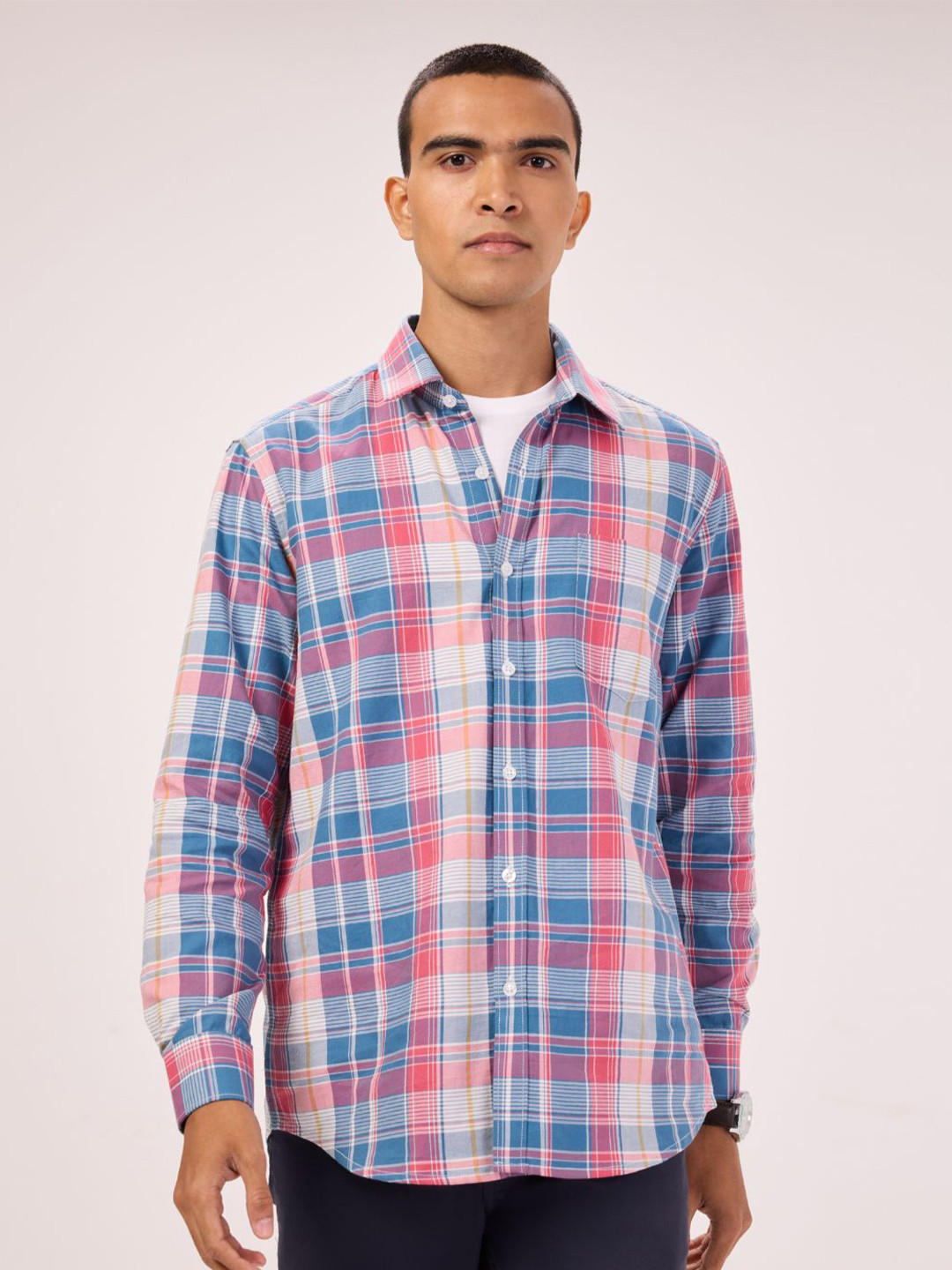 

Bombay High Men Comfort Spread Collar Checked Cotton Relaxed Fit Casual Shirt, Blue