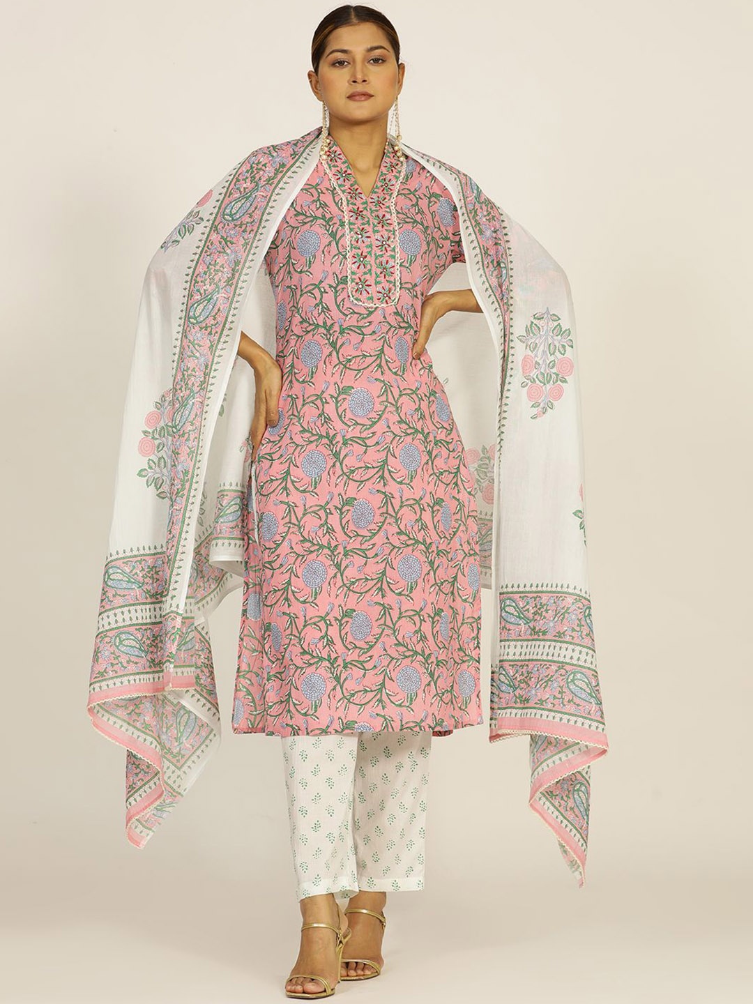 

Jaipur Kurti Ethnic Printed Embroidered Cotton Suit Set, Pink