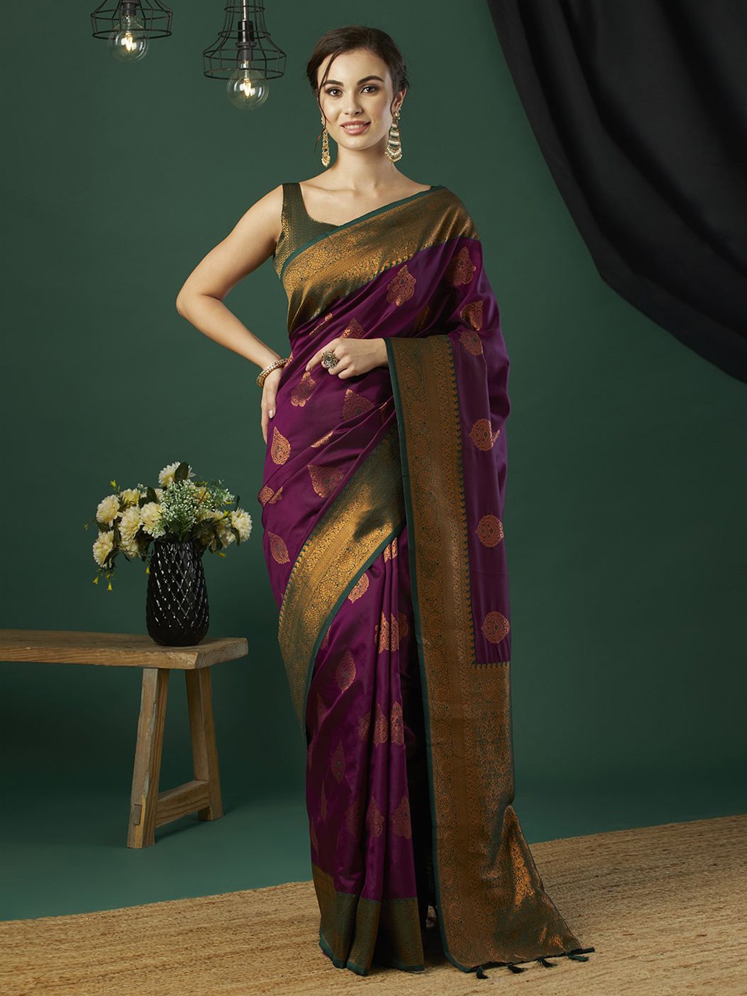 

HI FI NX Woven Design Zari Pure Silk Banarasi Saree, Purple