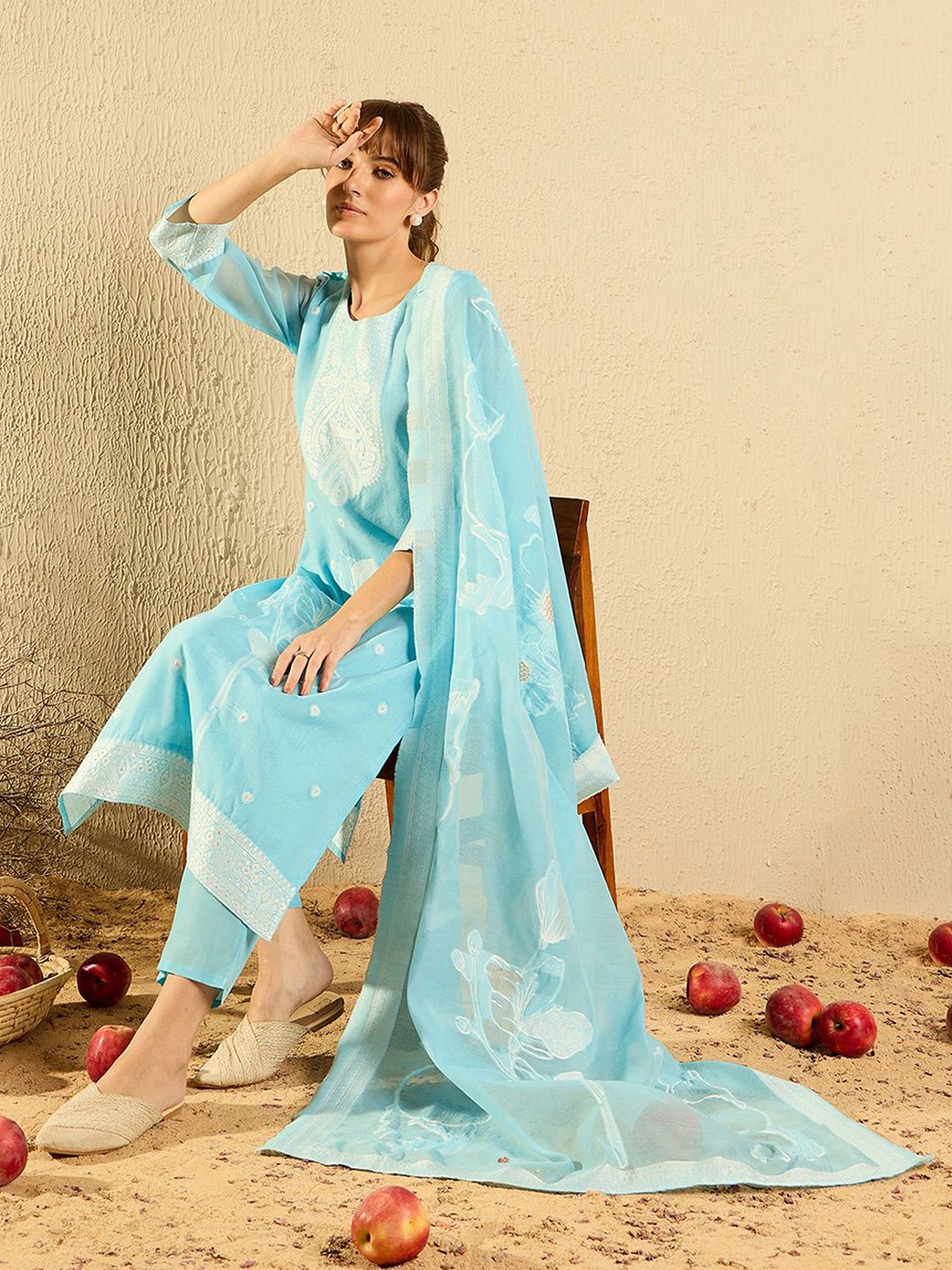 

Indo Era Women Regular Kurta with Trousers & With Dupatta, Blue
