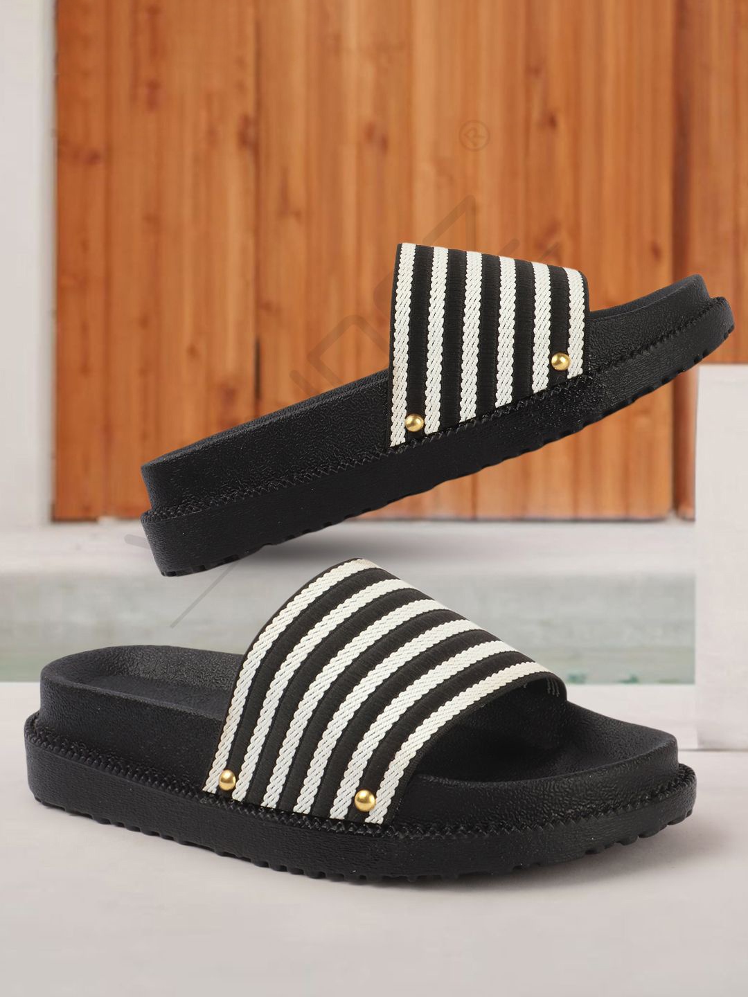 

VENDOZ Women Striped Sliders Flip Flops, Black