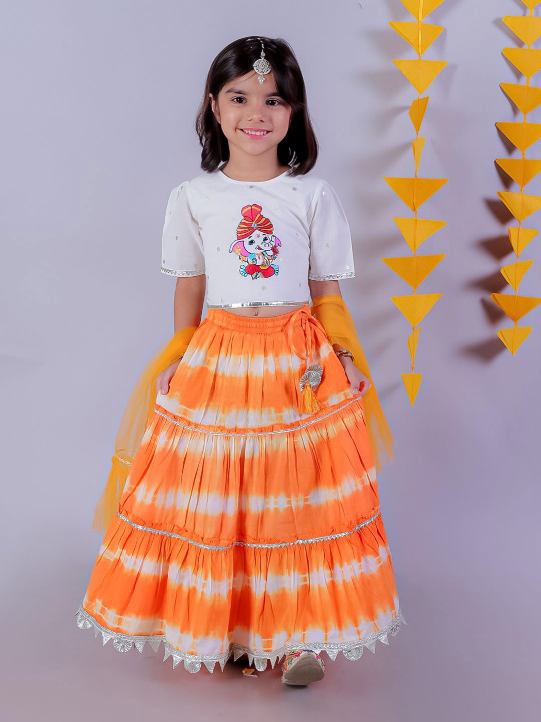 

LIL DRAMA Girls Embroidered Cotton Ready to Wear Lehenga & Blouse With Dupatta, Orange