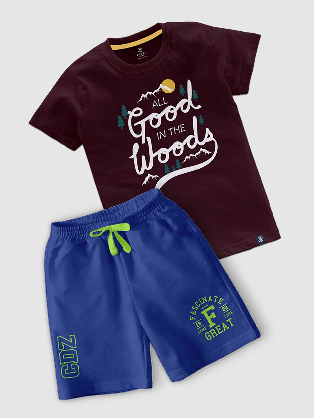 

CODEZ Boys Printed Round Neck T-shirt with Shorts, Brown