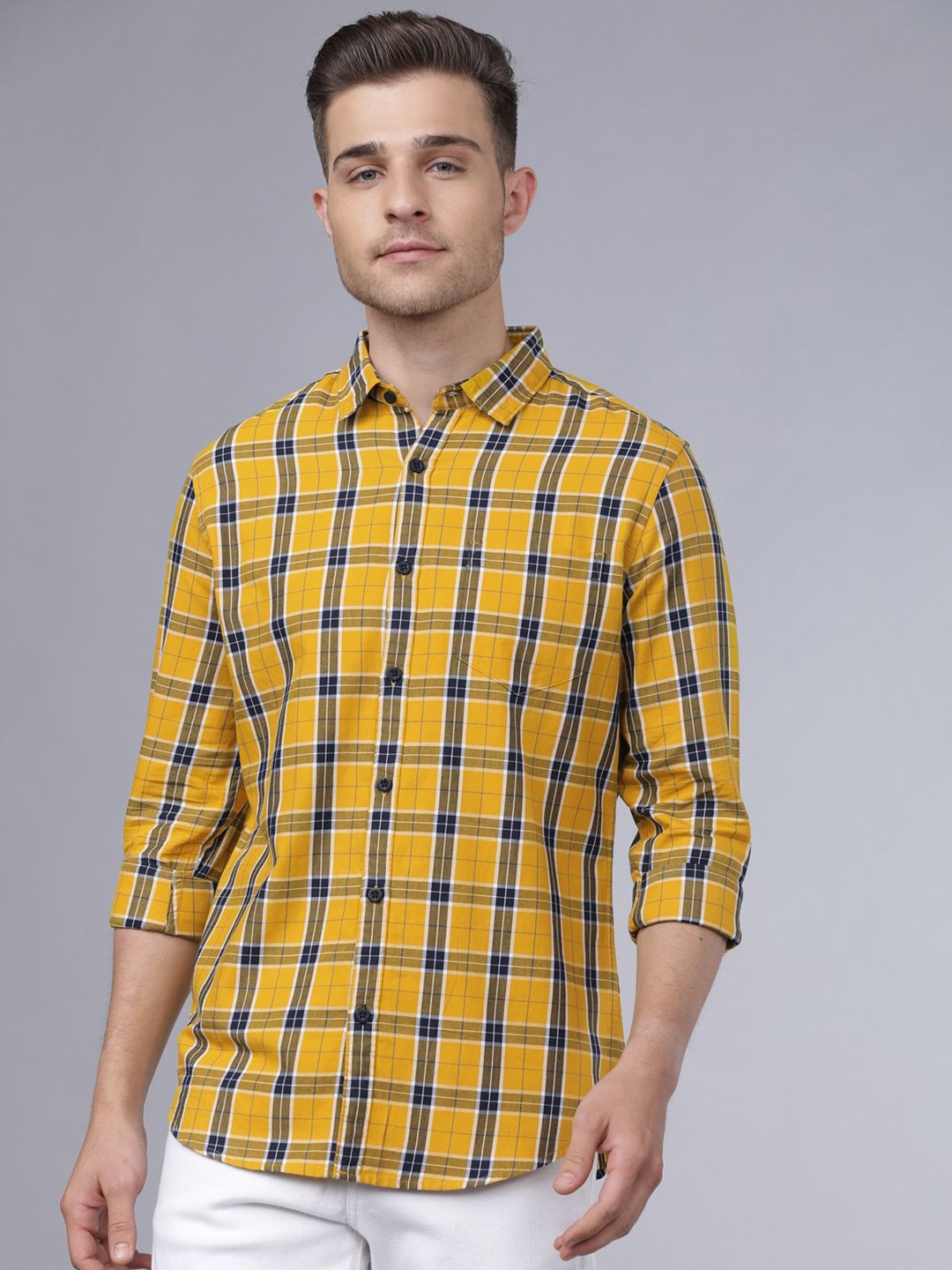 

HIGHLANDER Men Grey Spread Collar Tartan Checked Cotton Slim Fit Casual Shirt, Yellow