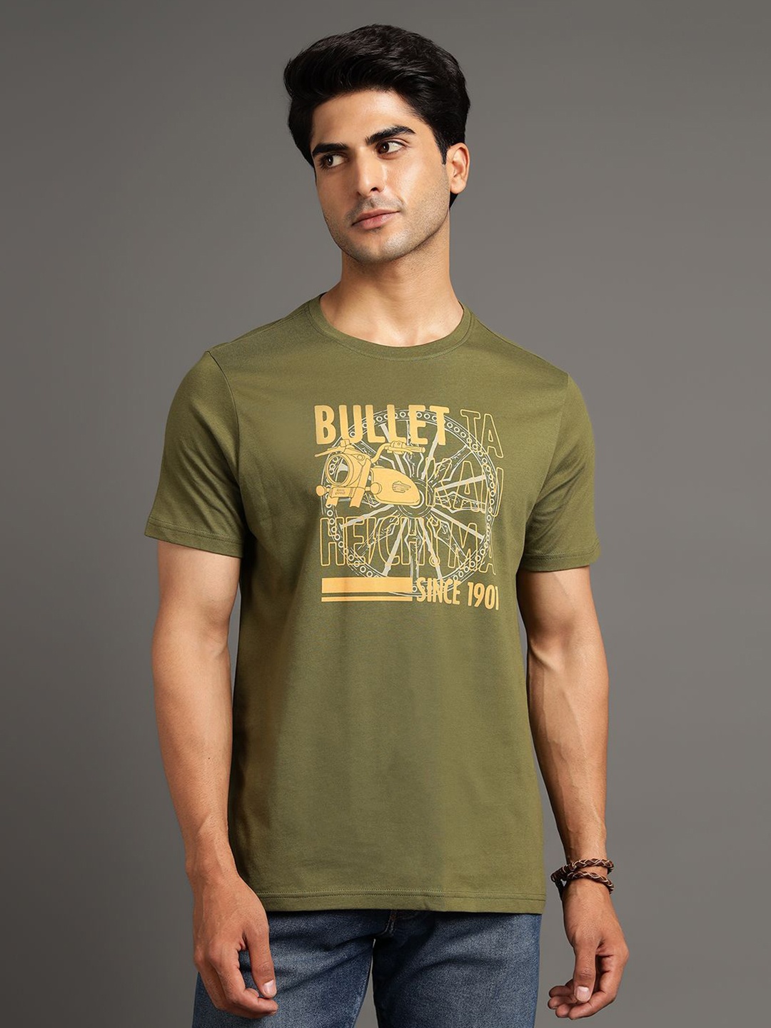 

Royal Enfield Men Typography Printed Applique T-shirt, Olive