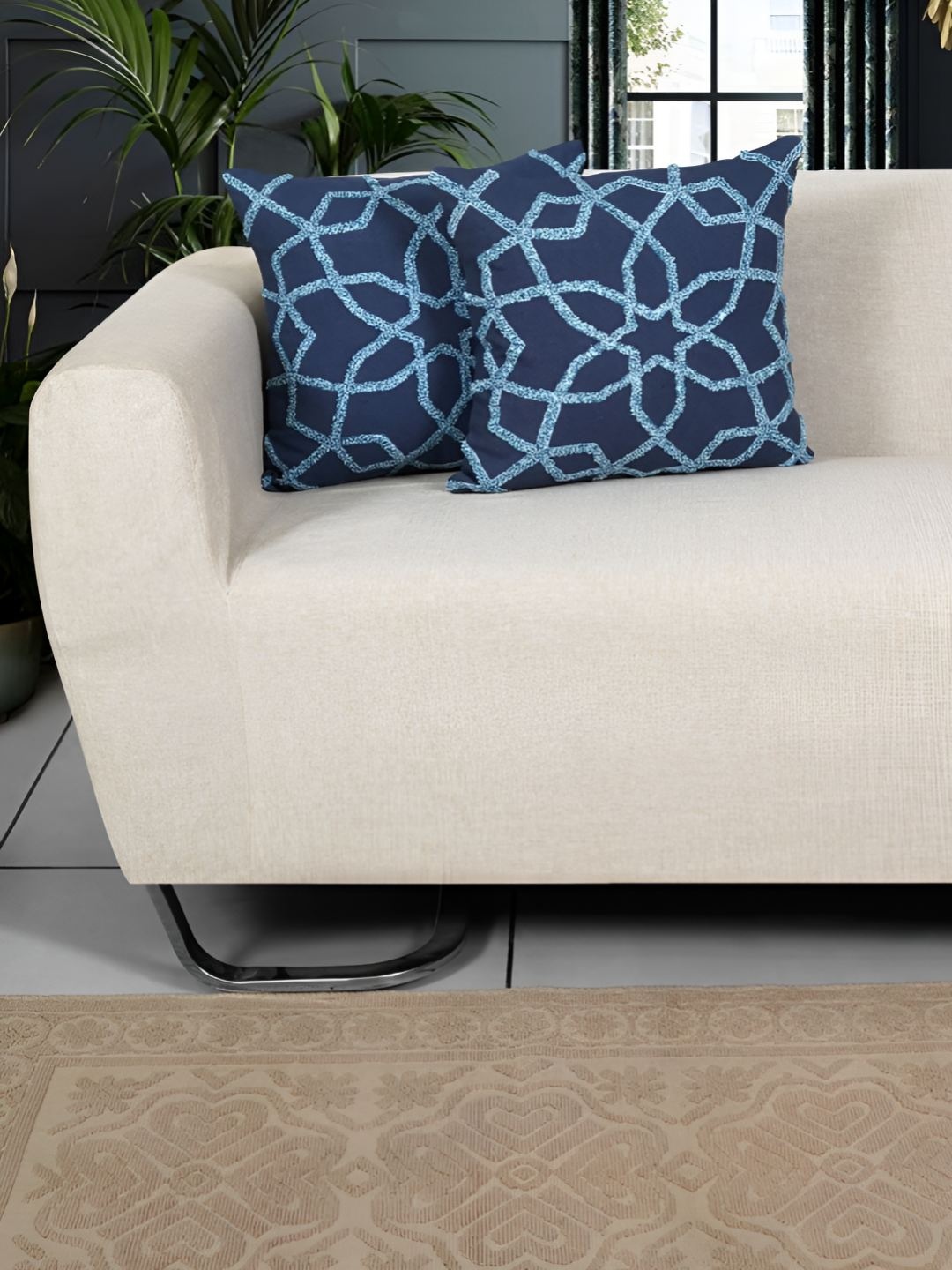 

Ode & Cleo Blue & White 2 Pieces Embroidered Cotton Square Cushion Covers