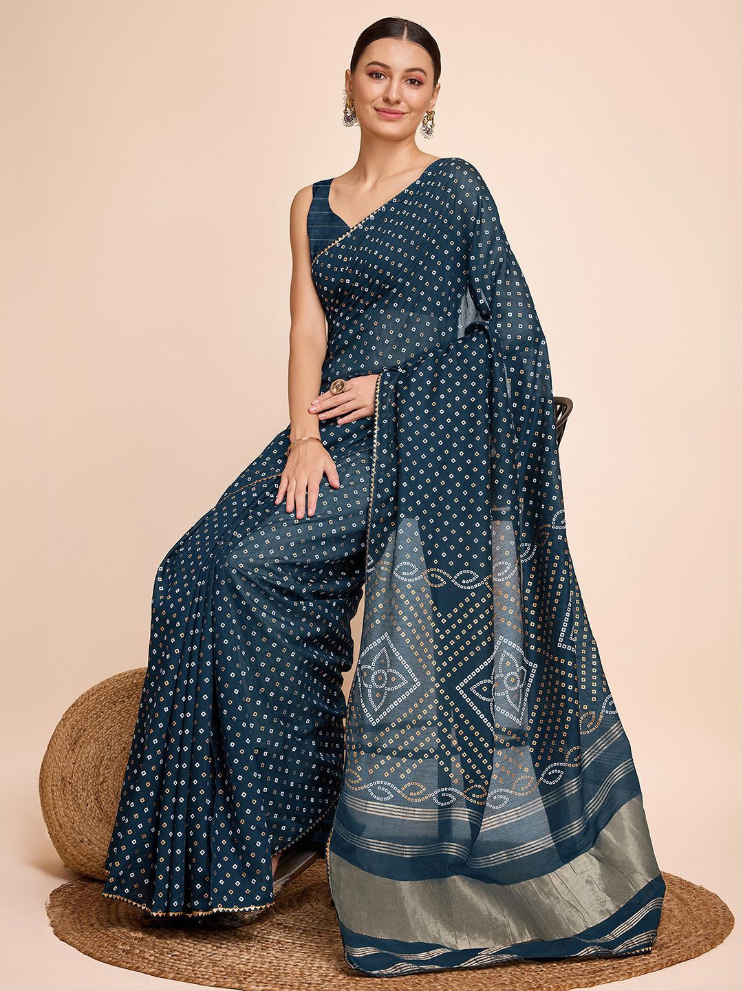 

Mitera Bandhani Printed Embellished Zari Saree, Blue