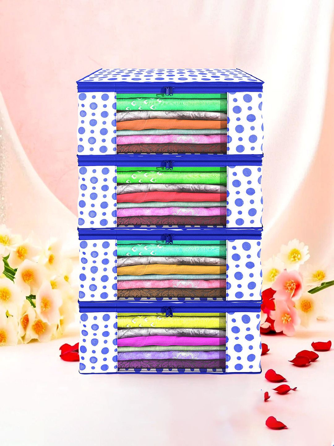 

Kuber Industries Blue & White 4 Pieces Polka Dots Printed Foldable Drawer Organisers