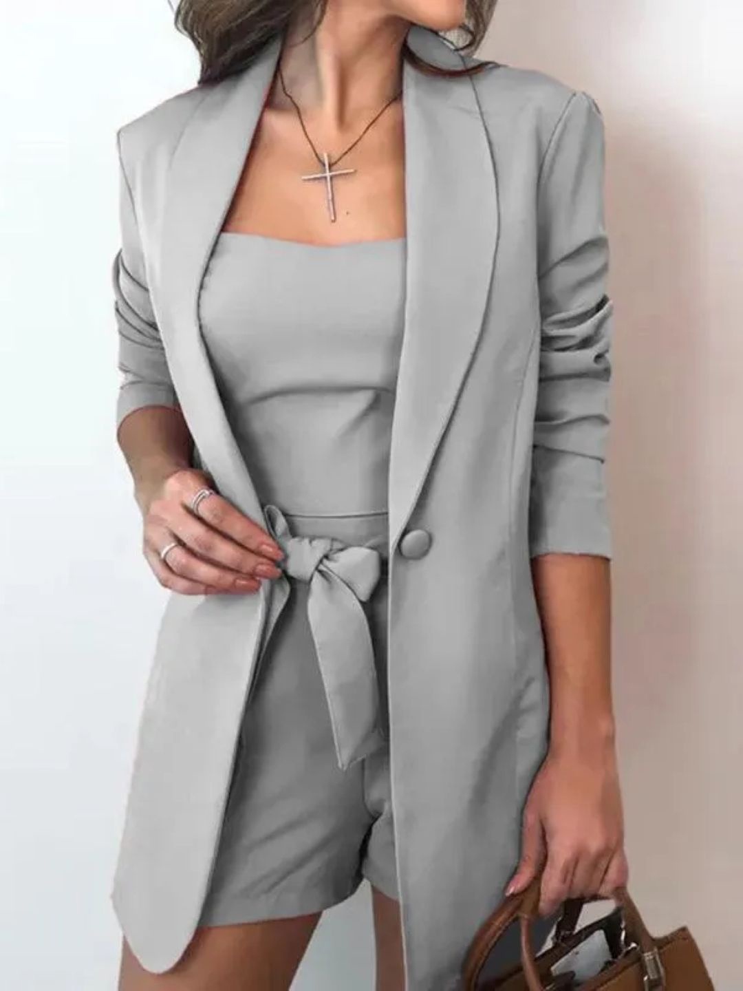

StyleCast Three-Quarter Sleeves Pure Cotton Coat & Shorts, Grey