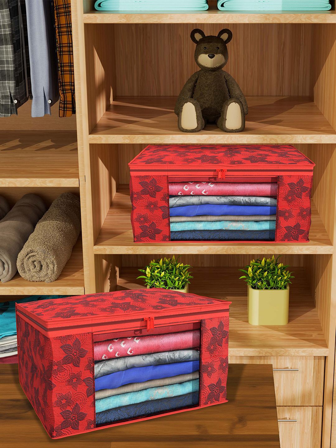 

Kuber Industries Red & Black 24 Pieces Floral Printed Foldable Drawer Organisers