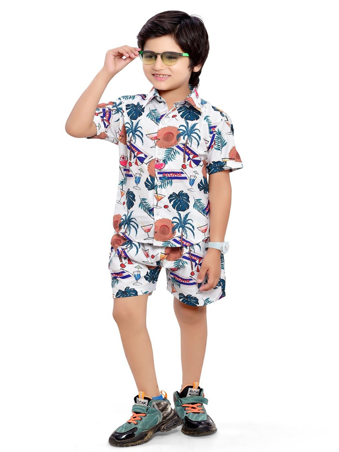 

BAESD Boys Tropical Printed Pure Cotton Shirt with Shorts, White